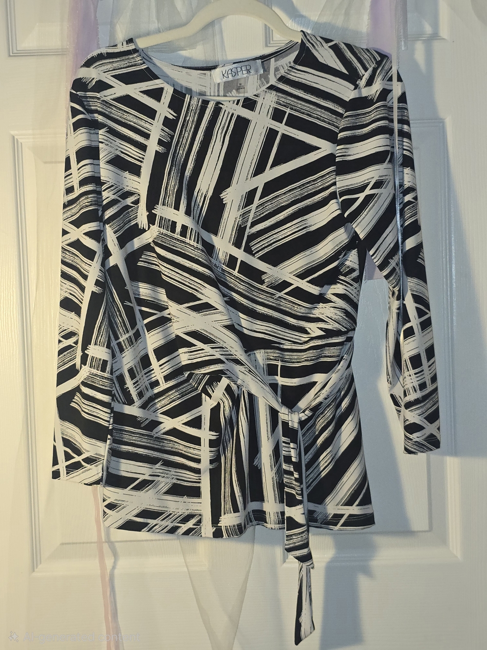 Kasper Black & White Long-Sleeve Tie-Front Dress